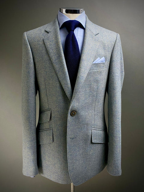 Thistle Blue and Oatmeal Herringbone Tweed Blazer.